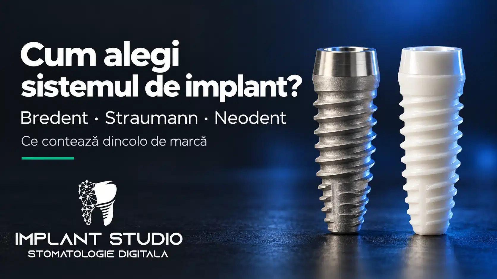 Implanturi dentare din titan și din ceramică, de la sisteme diferite, așezate unul lângă altul
